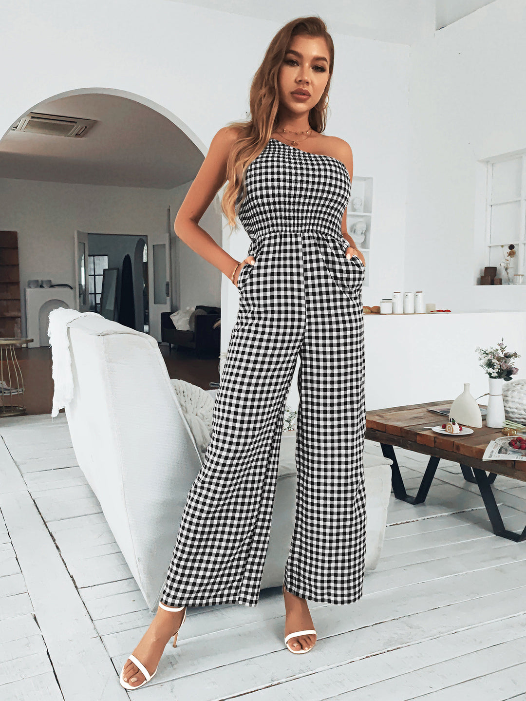 Plaid One-Shoulder Wide Leg Jumpsuit with Pockets