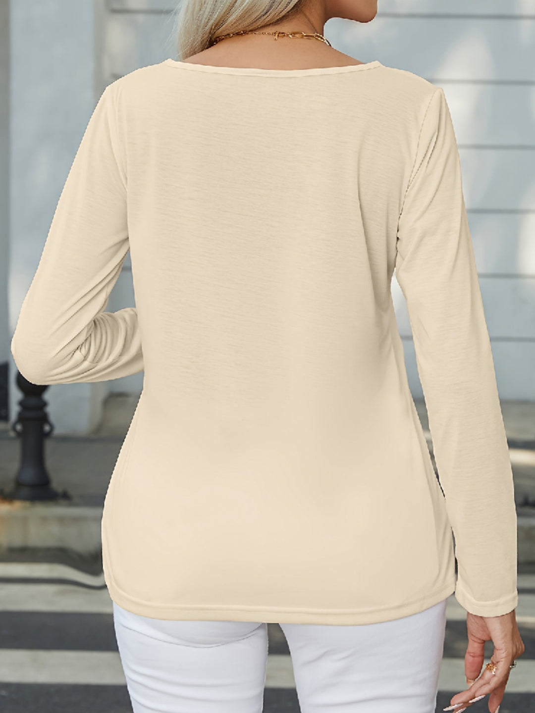 Decorative Button Round Neck Long Sleeve T-Shirt