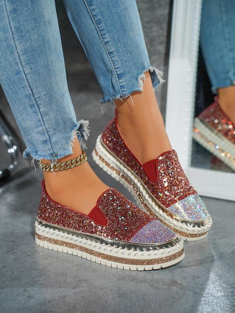 Women'S Fashionable Rhinestone Decorated Slip on Lightweight Shoes, Casual Comfortable Breathable Platform Shoes, All-Match Commuter Shoes for Work & Daily Wear