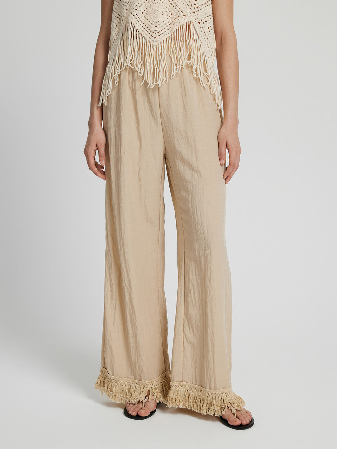 Fringe Hem Wide Leg Long Pants