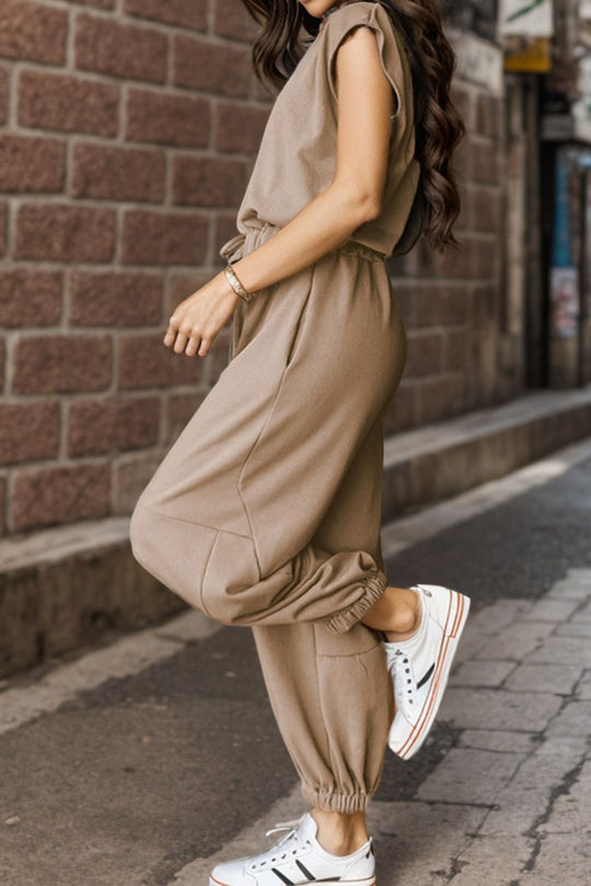 Drawstring Round Neck Cap Sleeve Jumpsuit