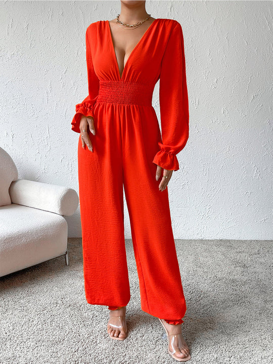 Honey Plunge Smocked Flounce Sleeve Jumpsuit