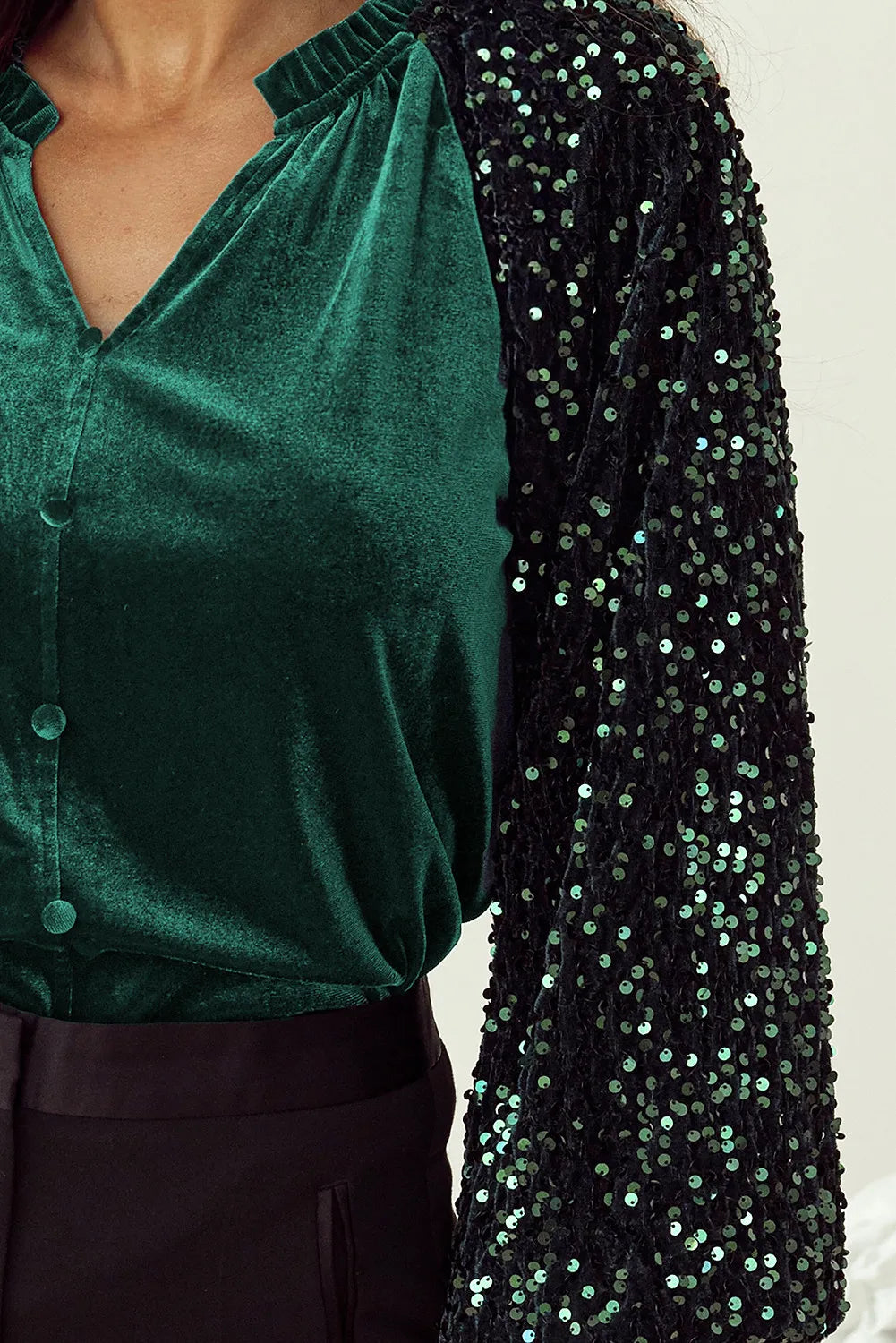 Sequin Notched Long Sleeve Blouse