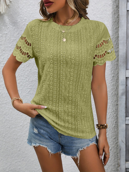 Full Size Eyelet Round Neck Short Sleeve Top