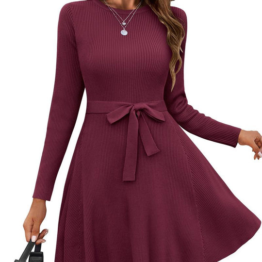 HOTOUCH Women'S Fall Winter Casual Dress Crewneck Long Sleeve A-Line Sweater Dress Bodycon Ribbed Knit Dress with Belt Fabric Fit Womenswear Birthday Bag Coat Fashion Festival Slim Spring