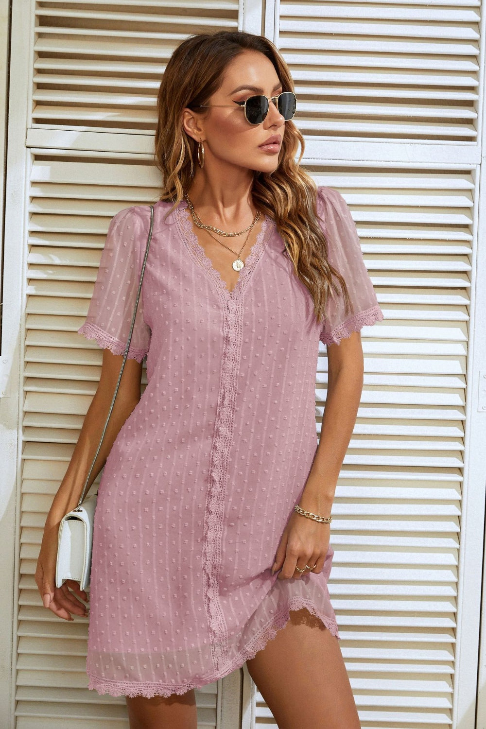 Lace Detail V-Neck Short Sleeve Dress