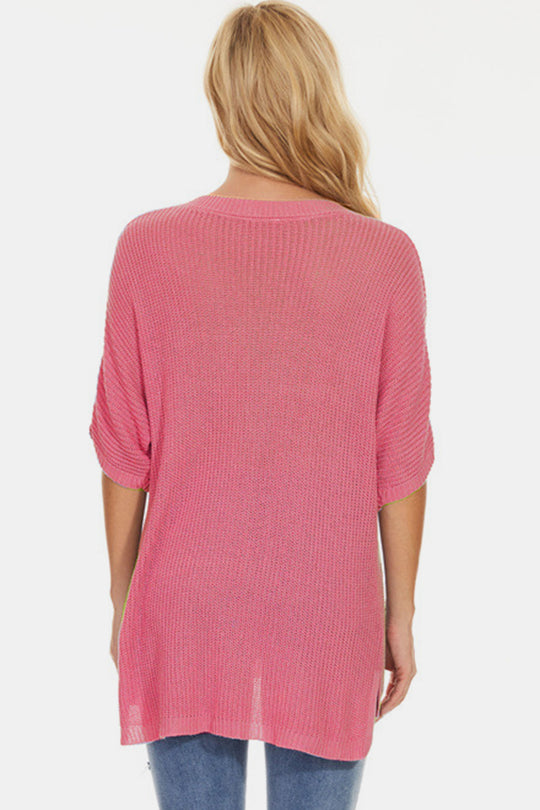 Pocketed V-Neck Half Sleeve Knit Top