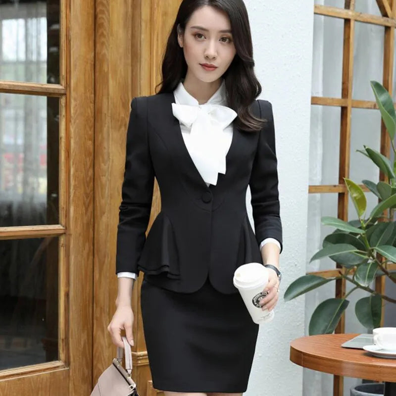 Formal Long Sleeve Hem Ruffles Office Ladies Work Uniforms