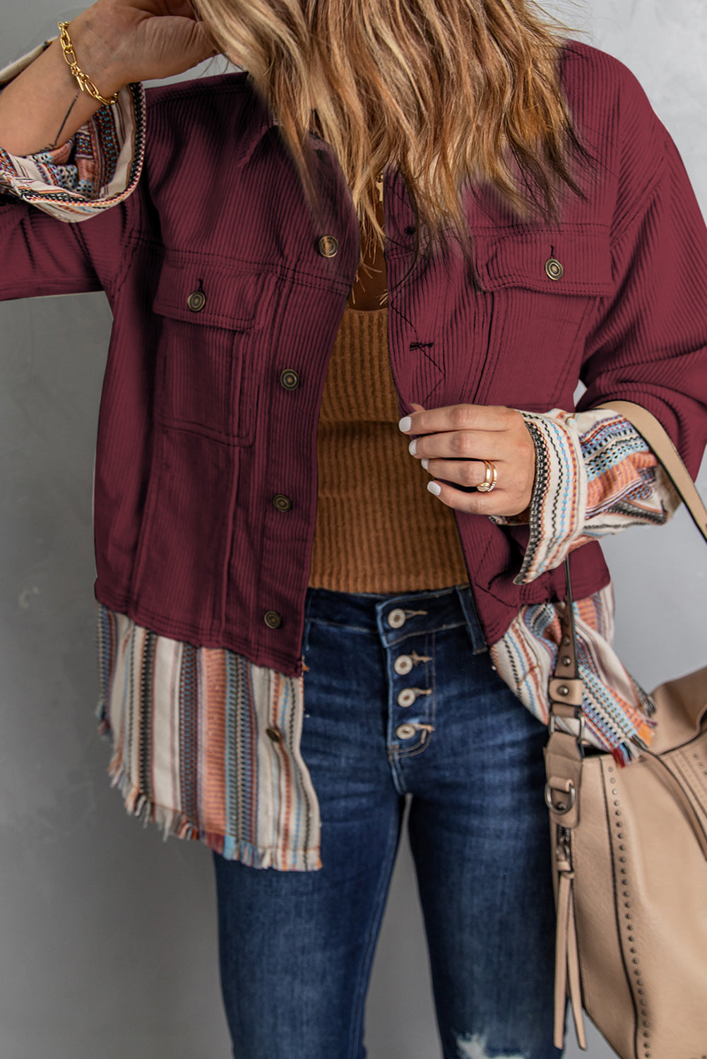 Double Take Striped Frayed Hem Corduroy Jacket