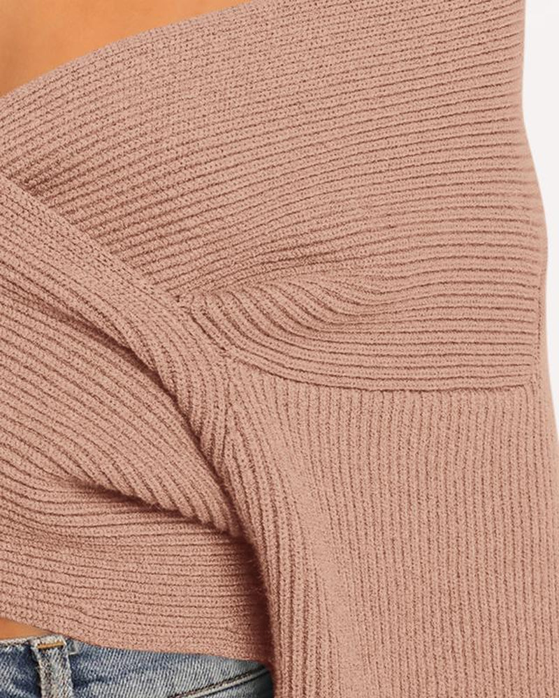 BTFBM Women'S Solid Color V Neck Long Sleeve Sweater with Cross Wrap Front and Asymmetric Hem - Comfort, Fashion