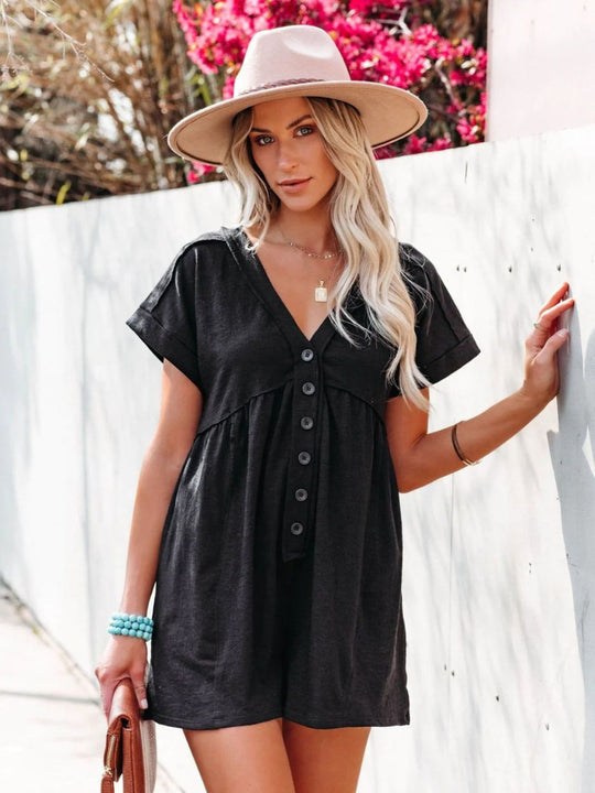 Exposed Seam V-Neck Short Sleeve Romper