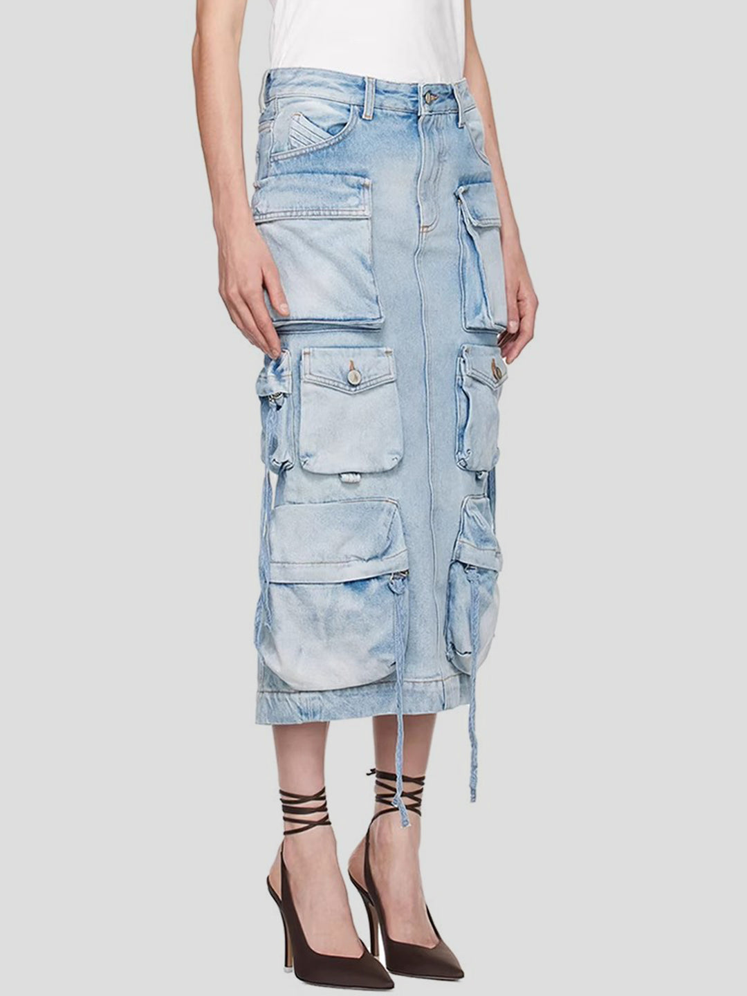 Slit Midi Denim Skirt with Pockets