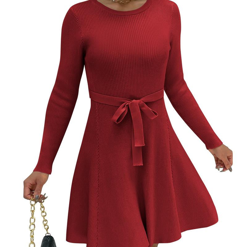 HOTOUCH Women'S Fall Winter Casual Dress Crewneck Long Sleeve A-Line Sweater Dress Bodycon Ribbed Knit Dress with Belt Fabric Fit Womenswear Birthday Bag Coat Fashion Festival Slim Spring