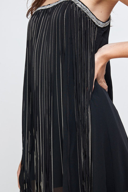 Chiffon A-Line Mini Dress with Metallic Fringe Detail