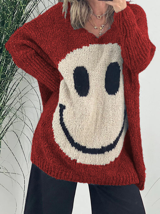 Smiling Face V-Neck Long Sleeve Sweater