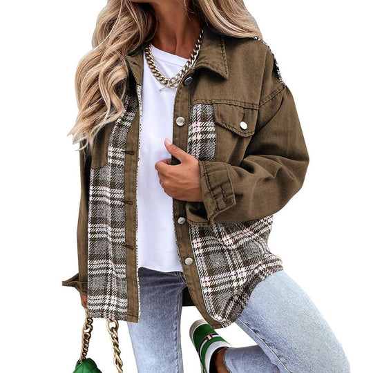 SHEWIN Women'S Denim Jacket Long Sleeve Plaid Button down Shacket Jacket Fabric Womenswear