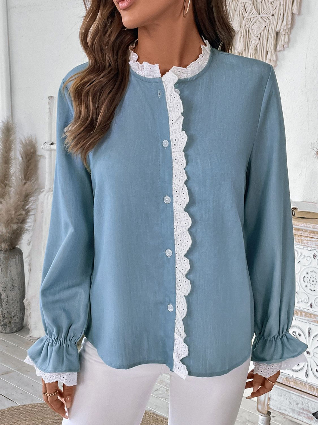 Perfee Lace Detail Button Down Long Sleeve Shirt