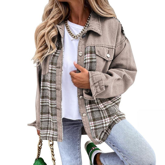 SHEWIN Women'S Denim Jacket Long Sleeve Plaid Button down Shacket Jacket Fabric Womenswear