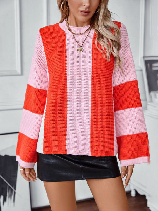 Color Block Round Neck Long Sleeve Sweater