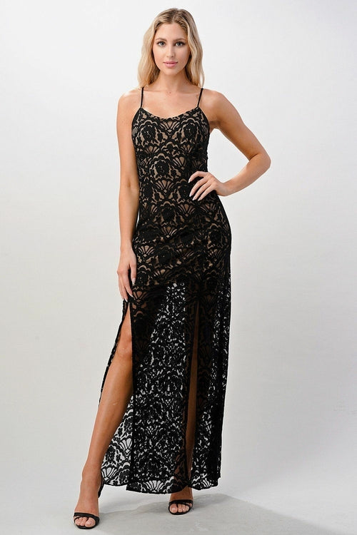 Elegant Black Lace Maxi Dress with Side Slit