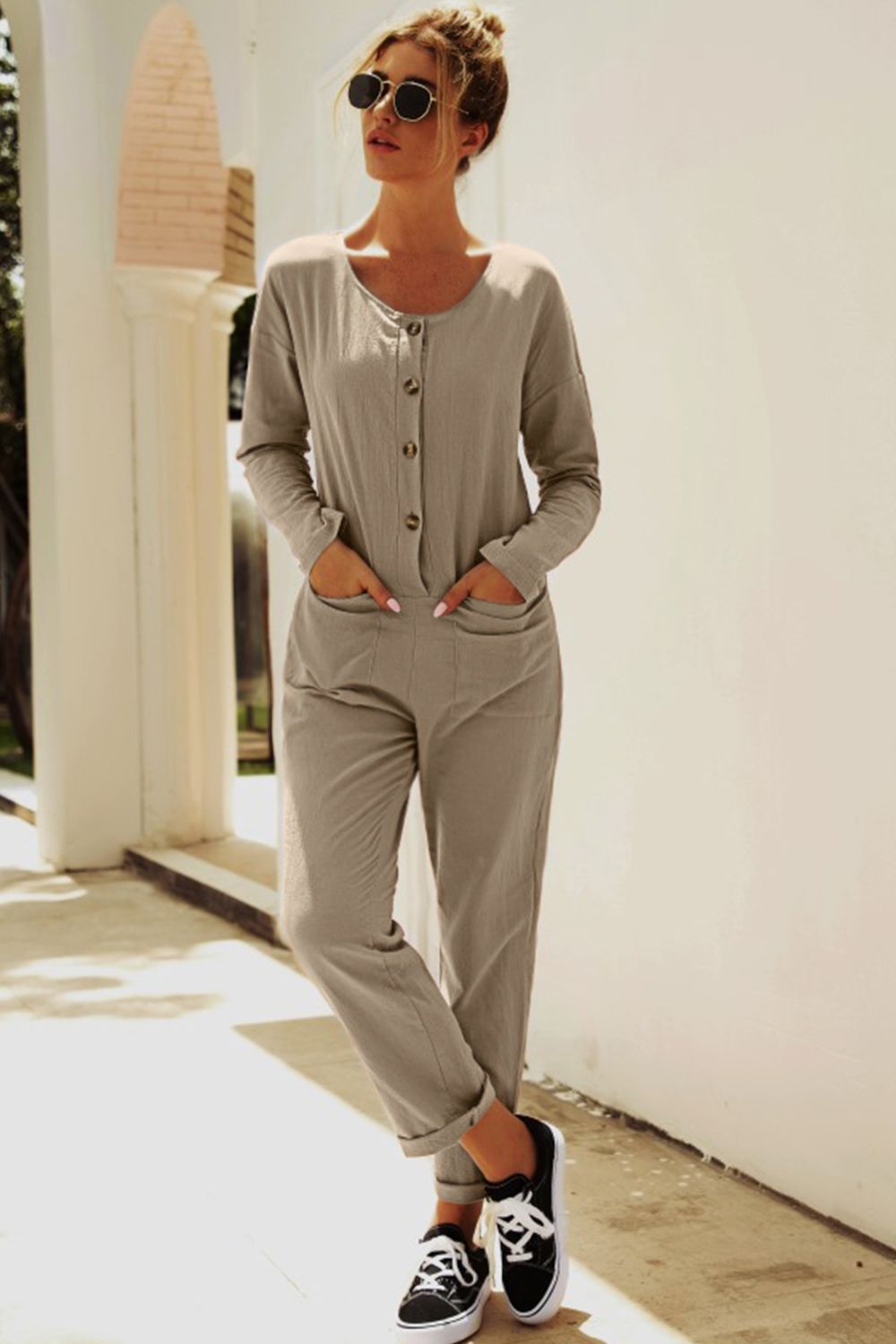 Buttoned Drop Shoulder Pocket Jumpsuit