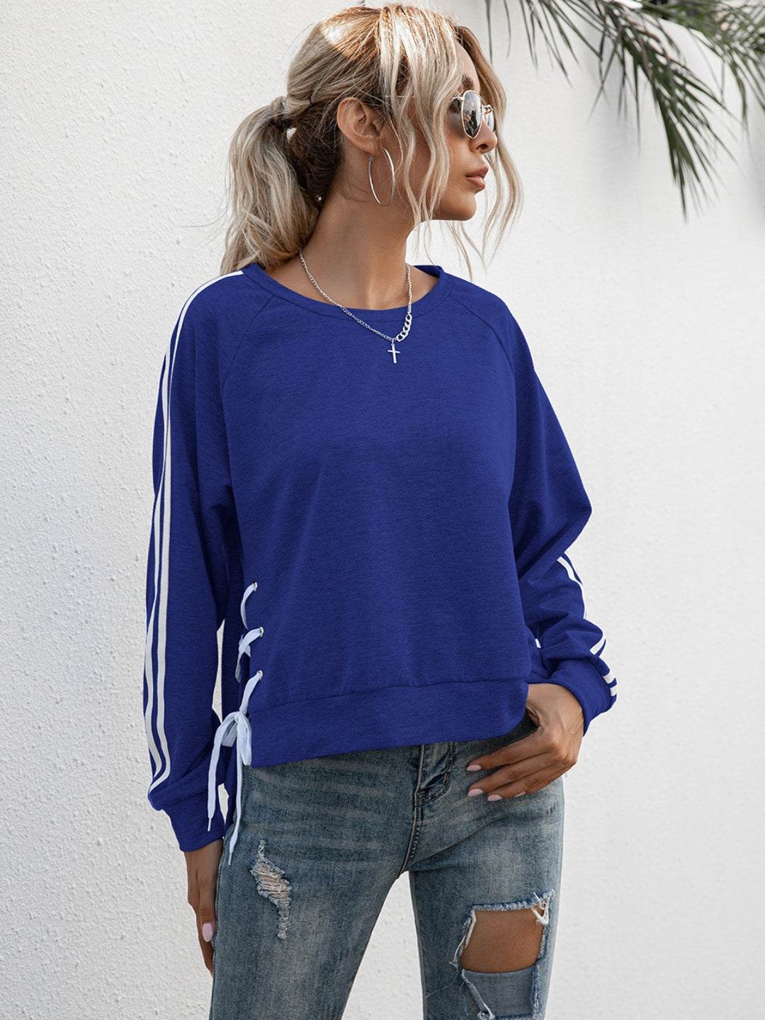 Lace-Up Round Neck Long Sleeve Sweatshirt