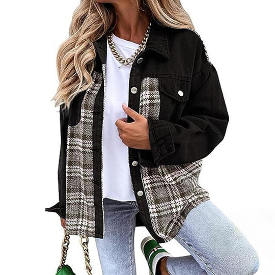 SHEWIN Women'S Denim Jacket Long Sleeve Plaid Button down Shacket Jacket Fabric Womenswear