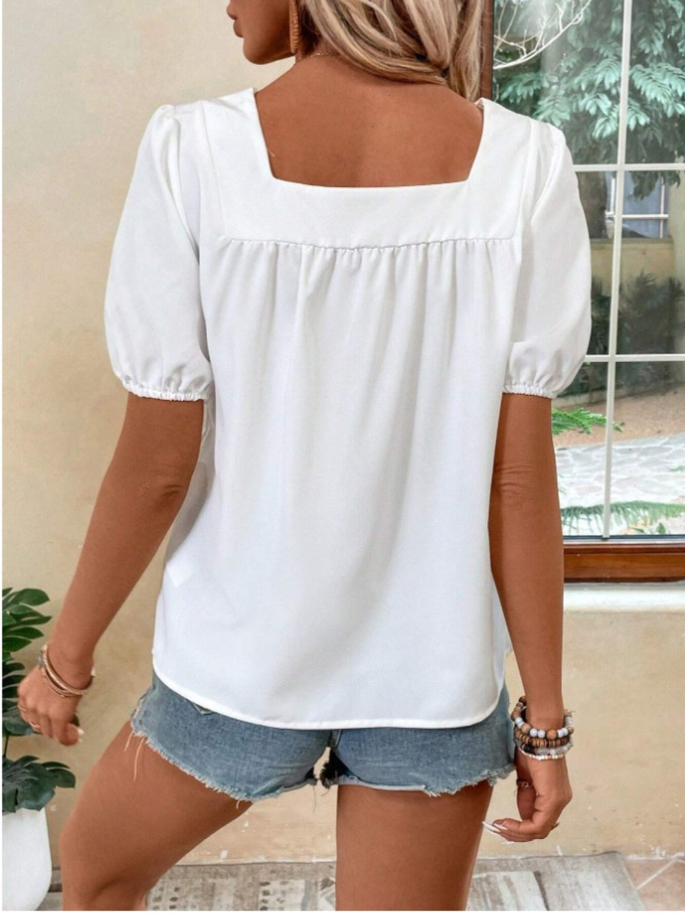 Crochet Square Neck Short Sleeve Blouse