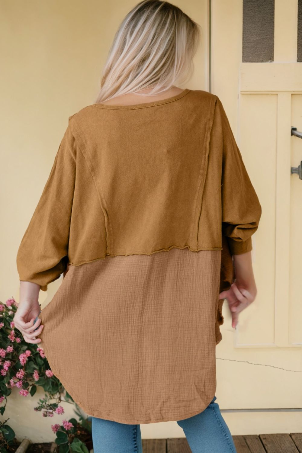 contrast texture round neck long sleeve blouse