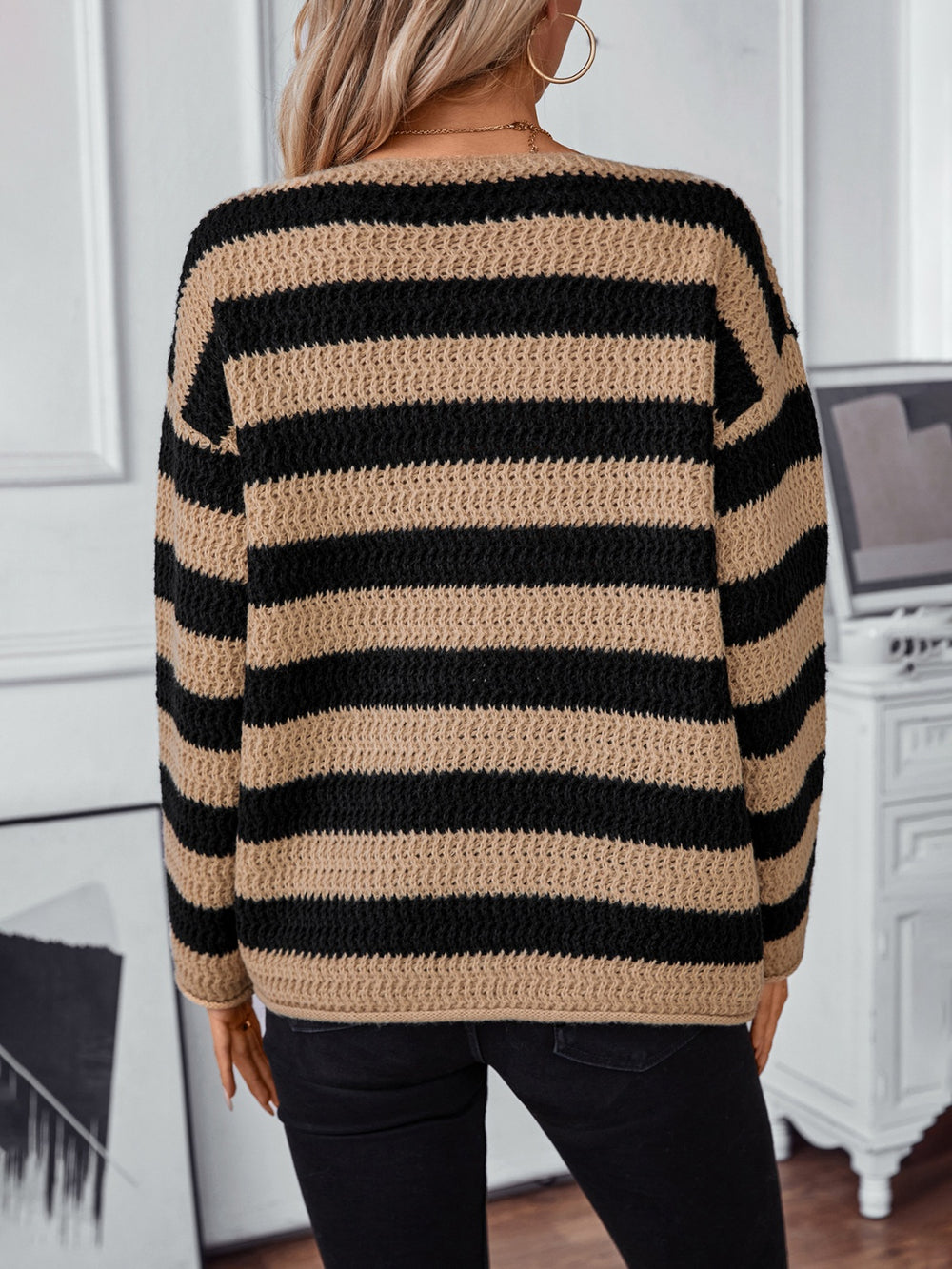 Striped Dropped Shoulder Long Sleeve Sweater