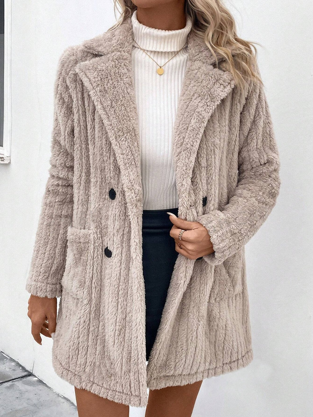 Fuzzy Button Up Long Sleeve Coat with Pockets