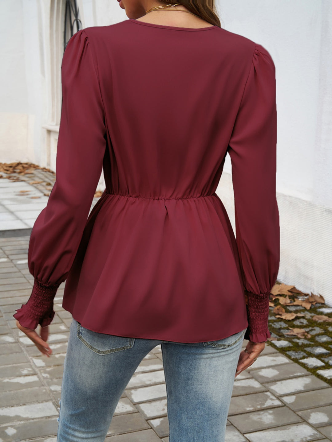 Smocked Surplice Long Sleeve Blouse