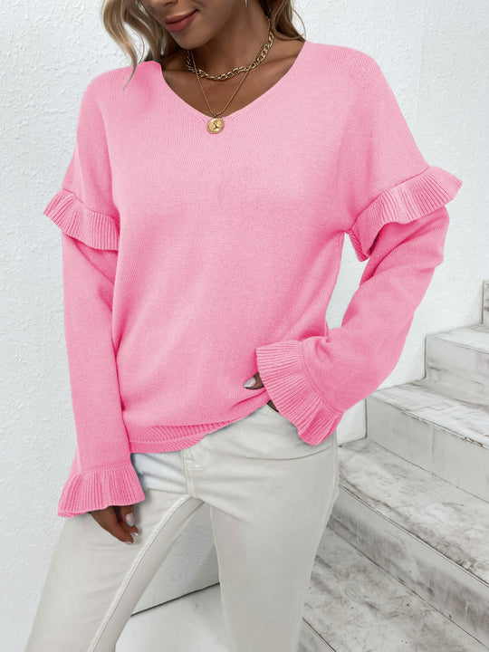 Ruffled V-Neck Dropped Shoulder Sweater