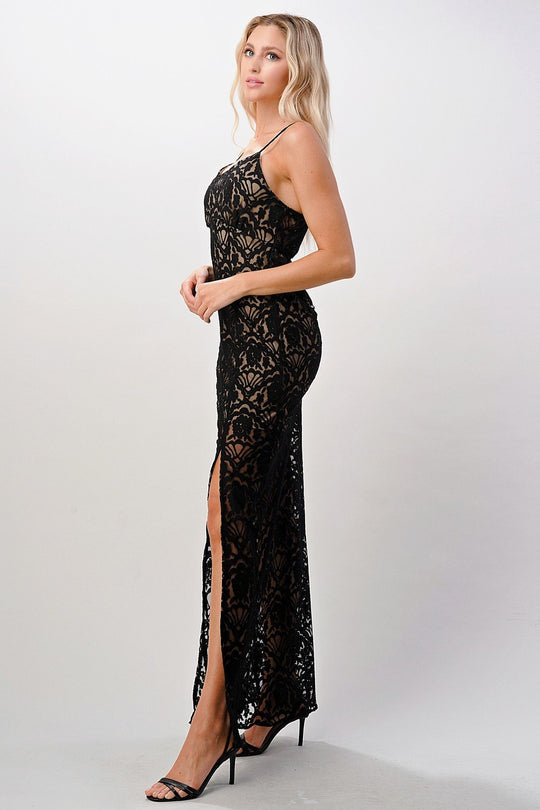 Elegant Black Lace Maxi Dress with Side Slit