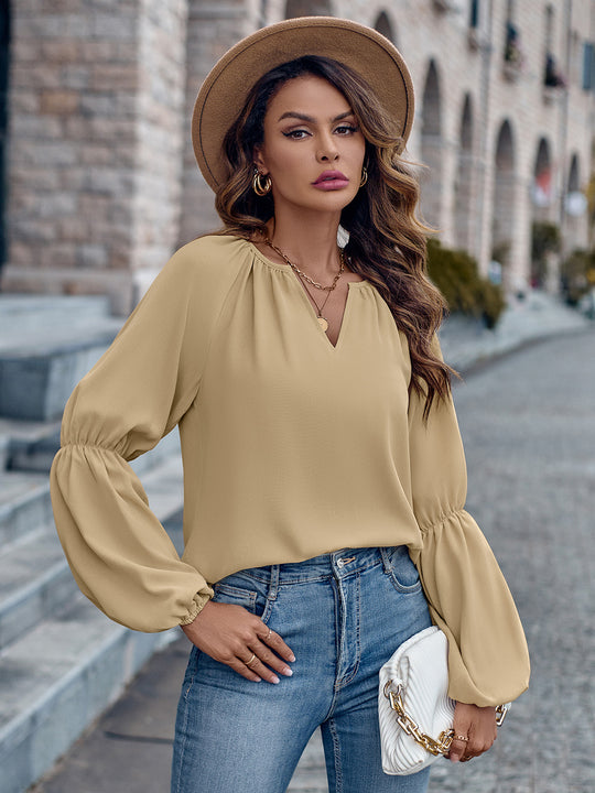 Notched Neck Long Sleeve Top