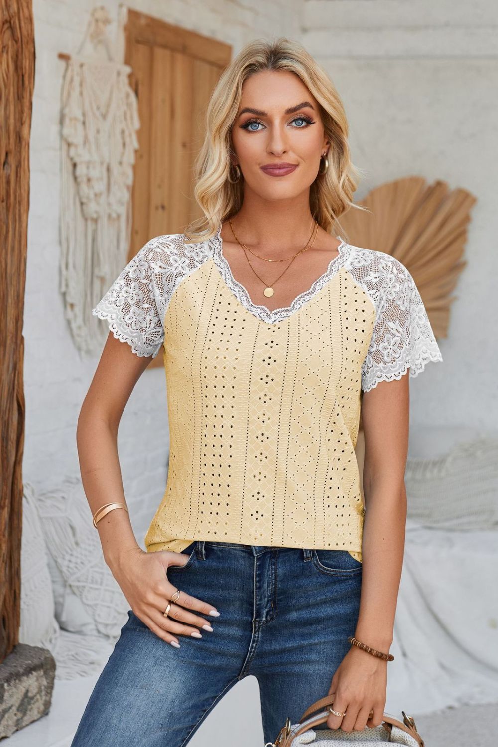 Eyelet V-Neck Lace Short Sleeve T-Shirt