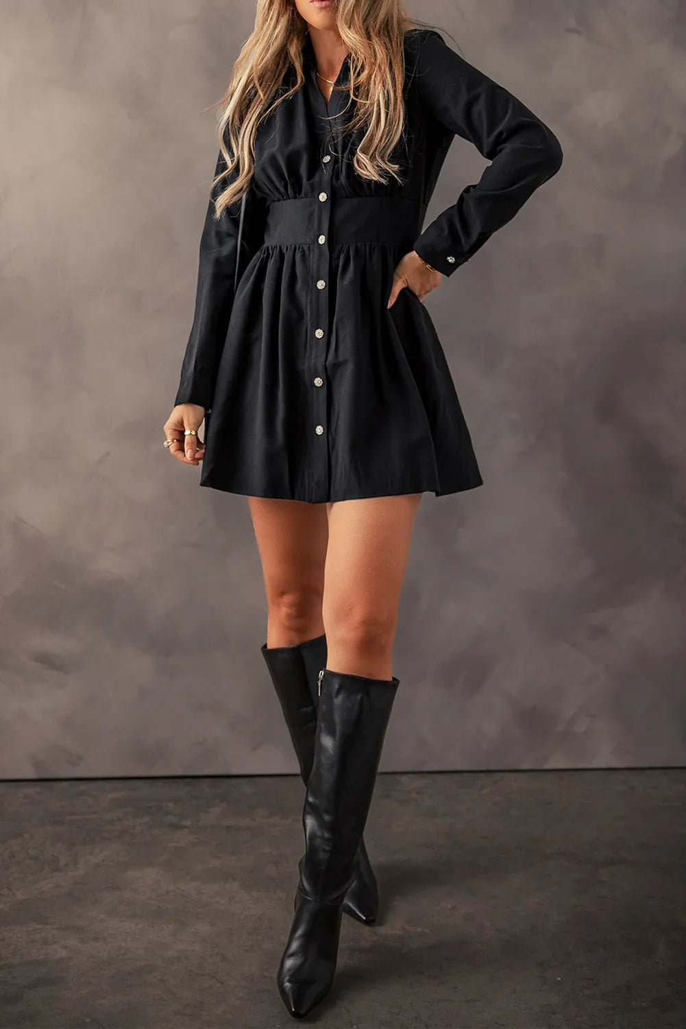 Ruched Button Up Long Sleeve Dress