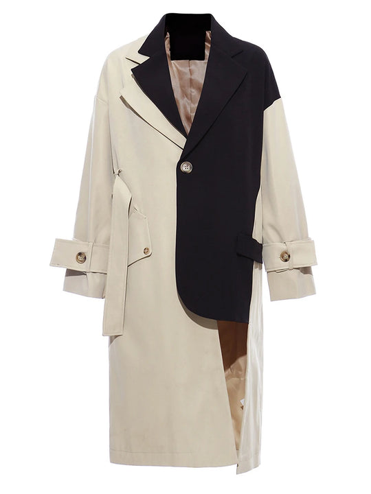 [EAM] Women Khaki Big Size Asymmetrical Trench New Lapel Long