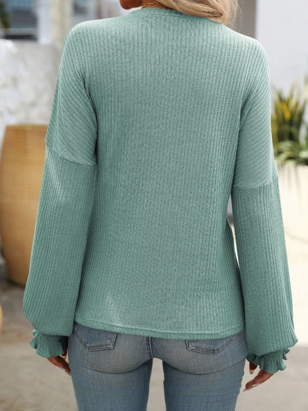 Ribbed Round Neck Long Sleeve T-Shirt