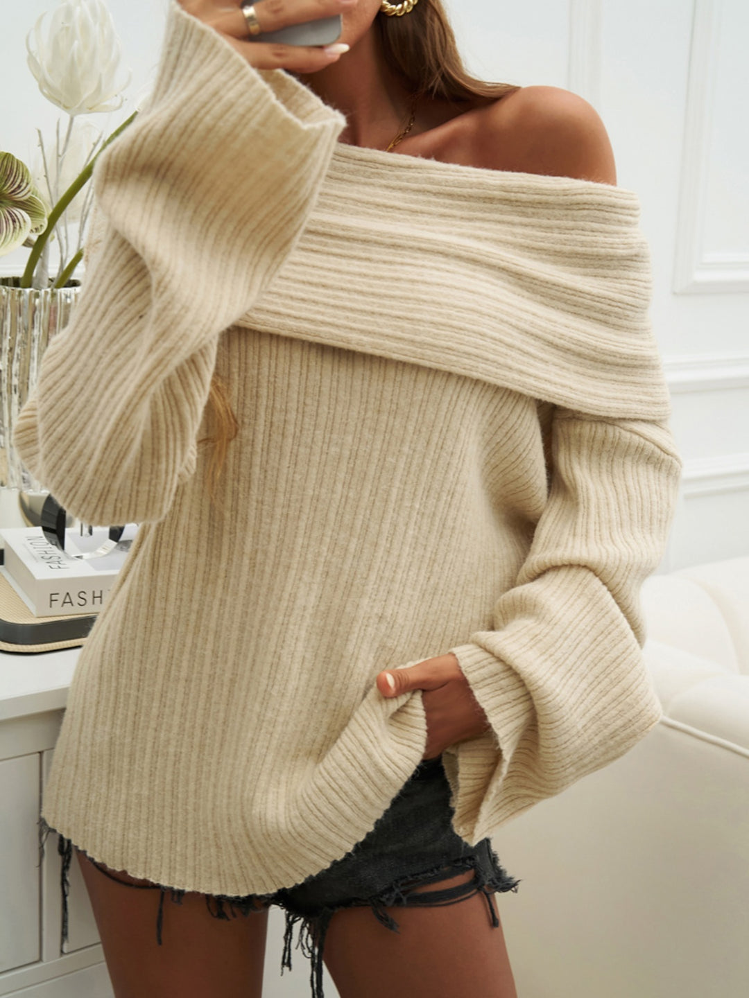 Off-Shoulder Extra-Long Sleeve Sweater