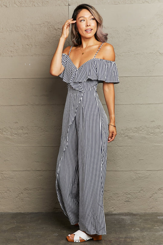 Striped Spaghetti Strap Cold-Shoulder Jumpsuit