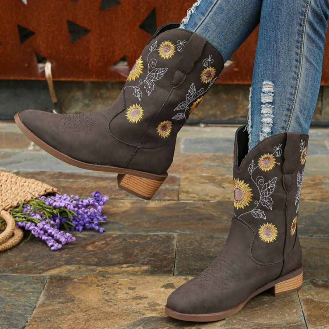 Sunflower Embroidered Block Heel Boots