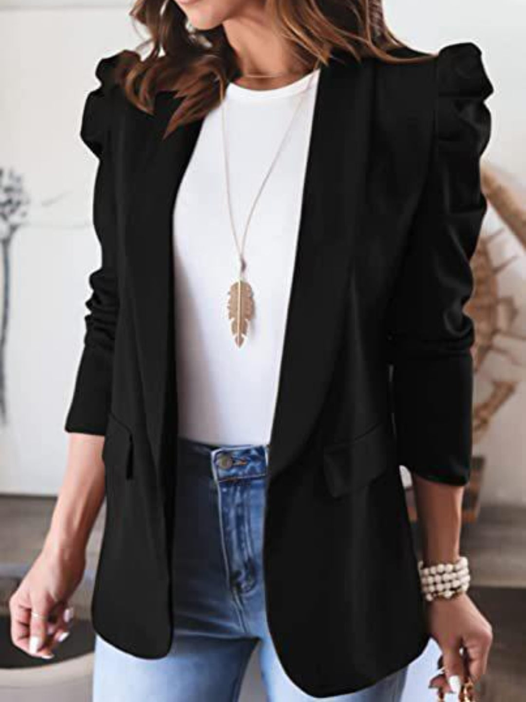 Collared Neck Puff Sleeve Blazer