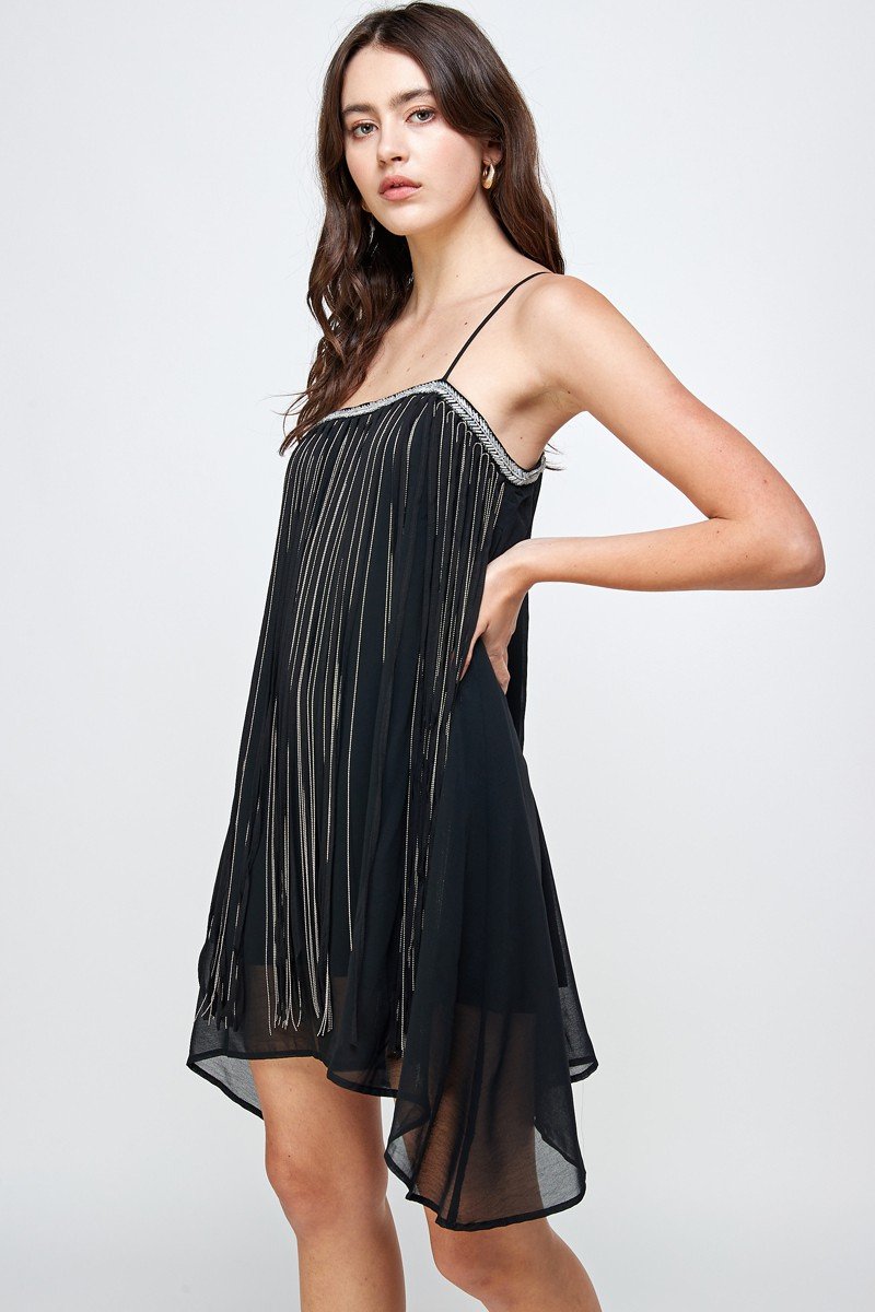 Chiffon A-Line Mini Dress with Metallic Fringe Detail