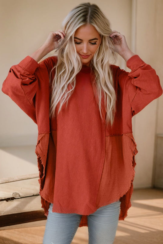 contrast texture round neck long sleeve blouse