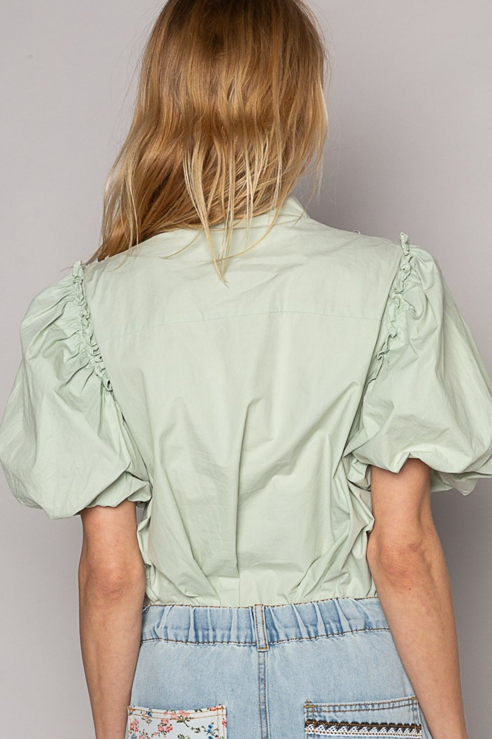 POL Pearl Detail Button Up Puff Sleeve Shirt