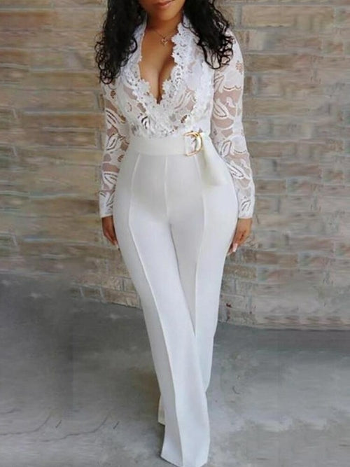 Crochet Lace Plunge Long Sleeve Jumpsuit