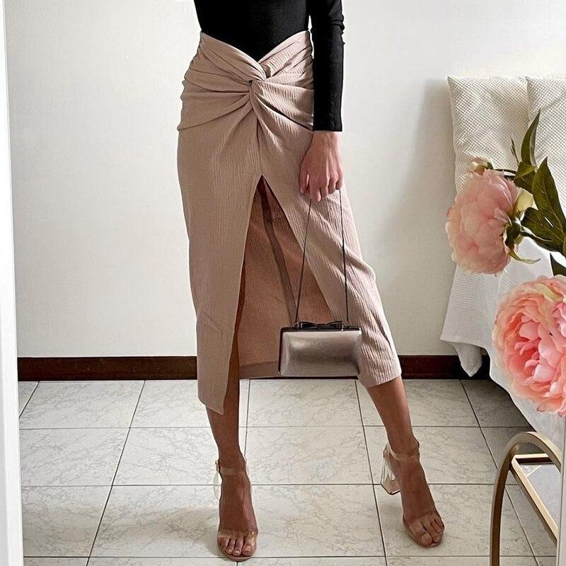 Bowknot Slit Long Skirt Khaki High Waist Maxi Skirt