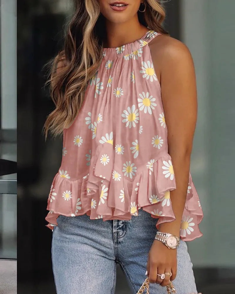 Casual Women Plunge Ruffles Sleeveless T-Shirts Vest Outfits Summer