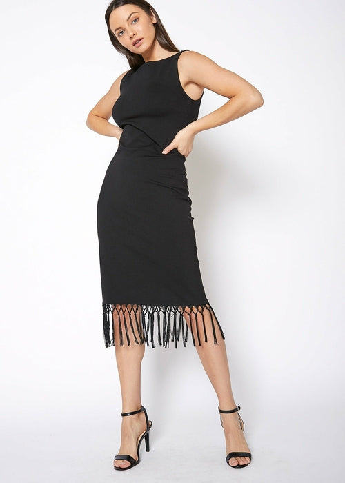 Tassel Hem Sleeveless Midi Bodycon Dress in Black